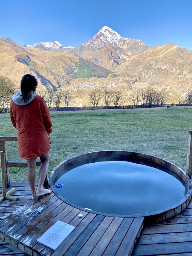 A hot tub with a view at Rooms hotel, Kazbegi